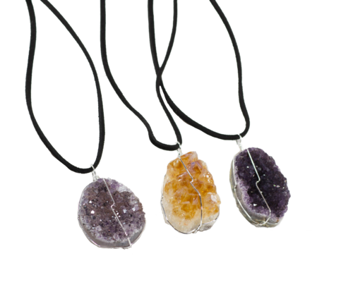 Druse Crystal Pendant on Leather Necklace