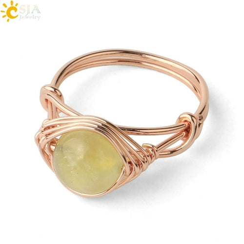 CSJA Round Bead Natural Stones Ring Rose Gold Color Wire Wrap Handmade