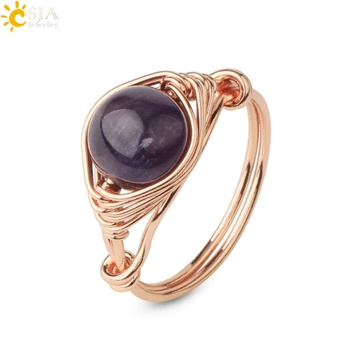 CSJA Round Bead Natural Stones Ring Rose Gold Color Wire Wrap Handmade